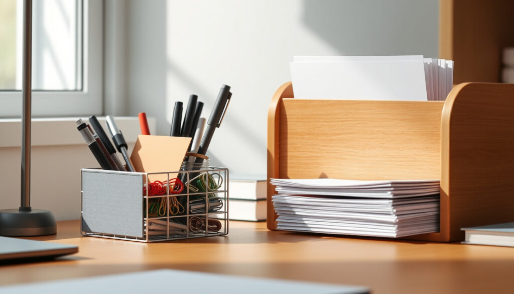 Työpöydällä kaksi säilytysratkaisua: pieni monilokeroinen kynä- ja pientavarateline sekä suurempi paperijärjestäjä, joissa kynät, kirjeet ja A4-paperit omilla paikoillaan.