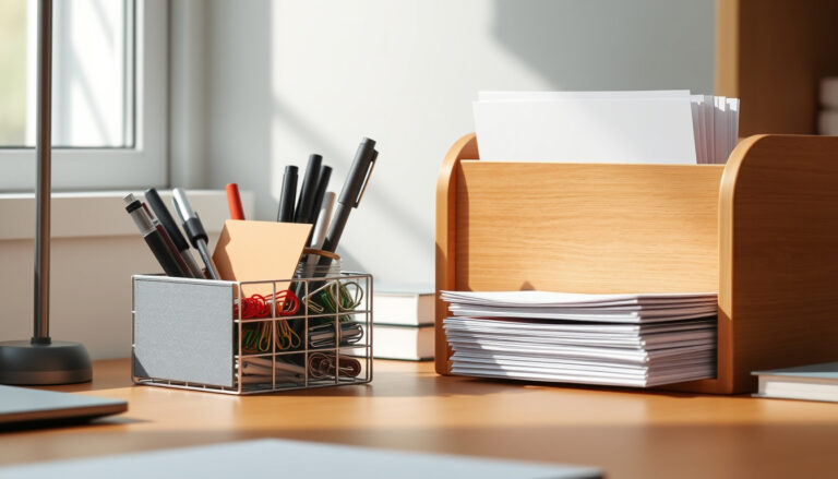 Työpöydällä kaksi säilytysratkaisua: pieni monilokeroinen kynä- ja pientavarateline sekä suurempi paperijärjestäjä, joissa kynät, kirjeet ja A4-paperit omilla paikoillaan.