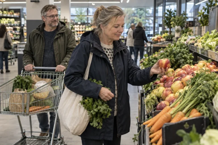 Ruokaostoksia kaupan hedelmäosastolla.