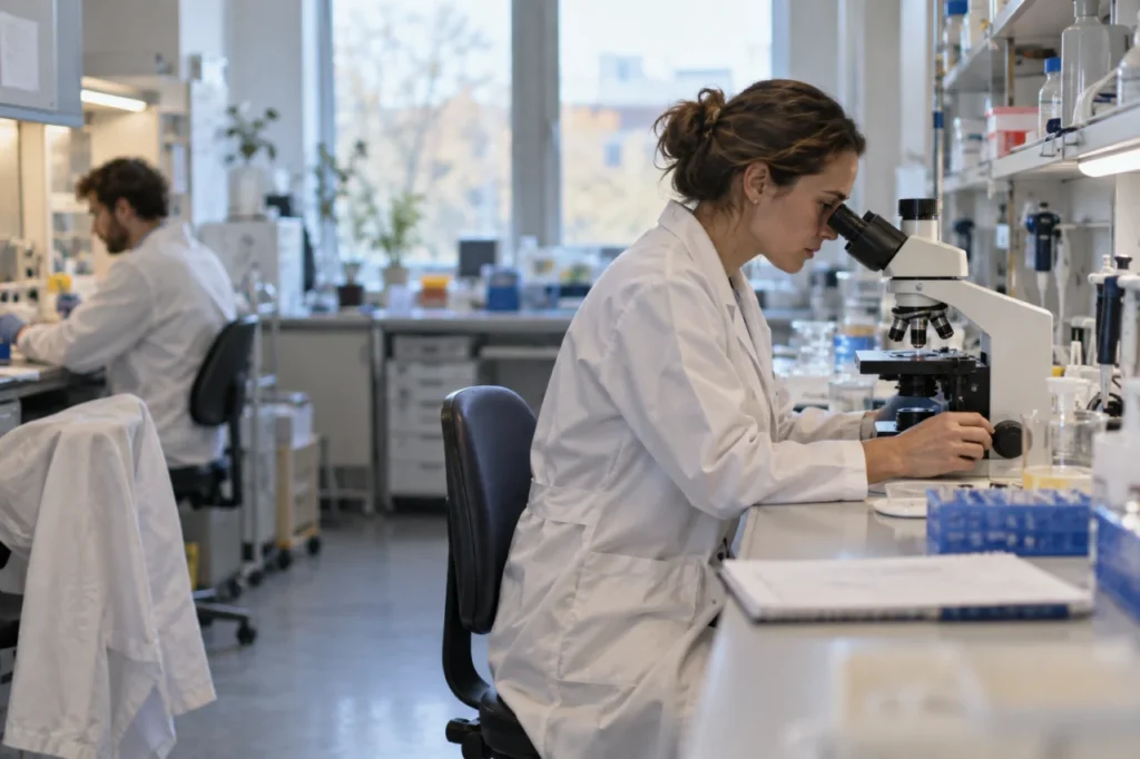 Laboratoriotyötä mikroskoopin ääressä.