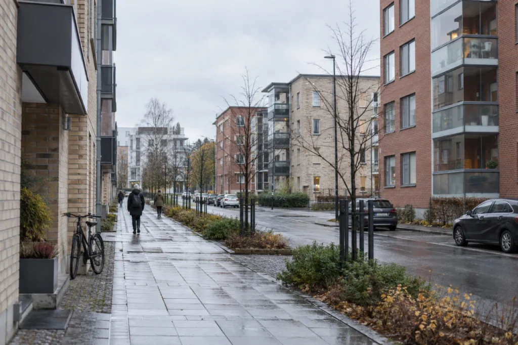 Rauhallinen asuinkatu ja kerrostaloja.