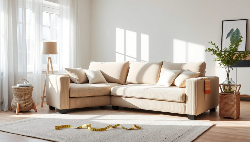 Beige korduroy-sohva valoisassa olohuoneessa mittanauha lattialla sisustusvalinnan apuna