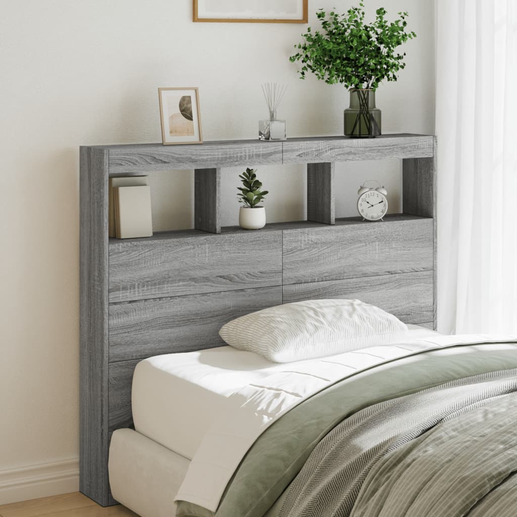 vidaXL Sängynpäätykaappi LED-valoilla harmaa Sonoma 120x17x102 cm