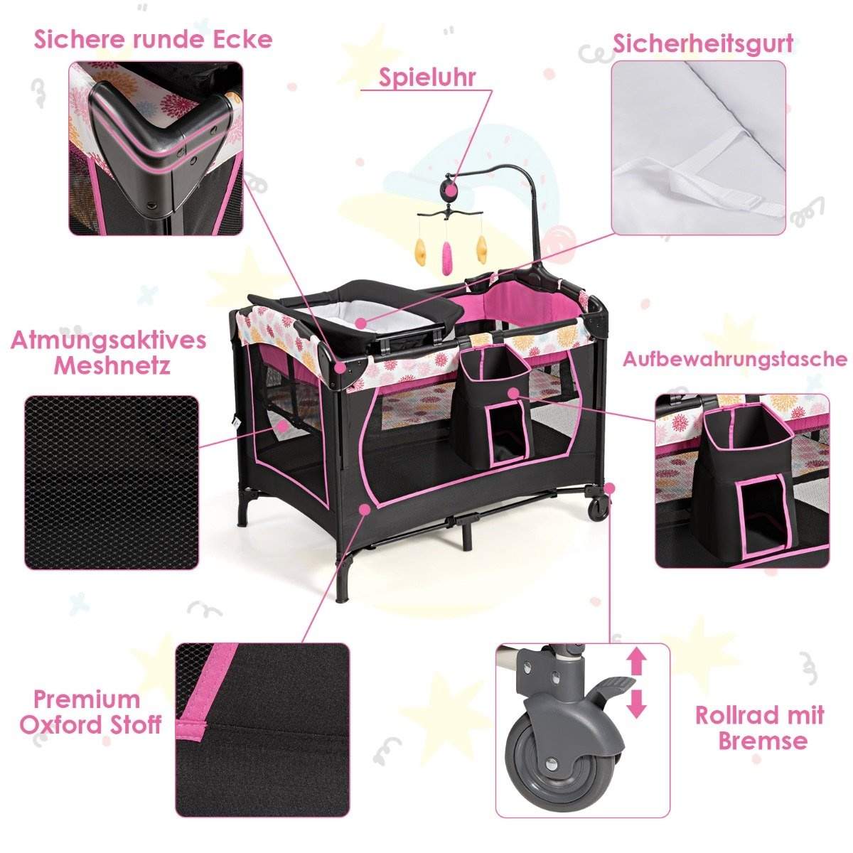 Vauvansänky 4 in 1 kokoontaitettava matkasänky & leikkikehä musta + pinkki